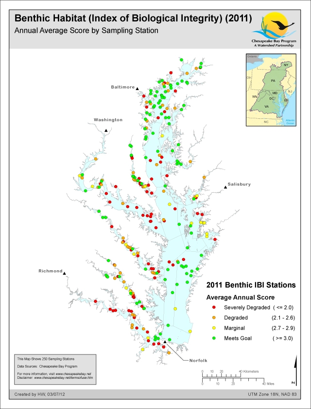 Benthic Habitat (Index of Biological Integrity) (2011) Annual Average Score by Sampling Station