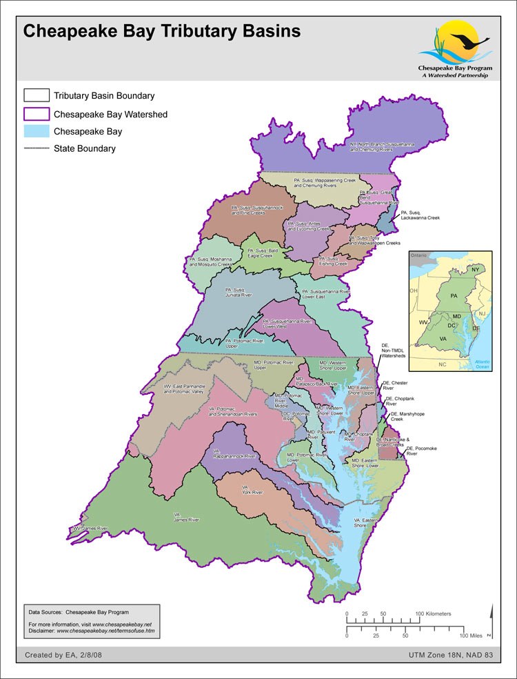 <strong>Chesapeake Bay Tributary Basins</strong><br />A tributary basin defines the boundary of a specific area of land that ultimately drains into a larger body of water. Chesapeake Bay Watershed tributary basins are composed of nine major tributary basins that are further divided into 36 smaller basins based on state jurisdictions. A nutrient and sediment load cap allocation is designated for each tributary basin. The tributary strategies are…