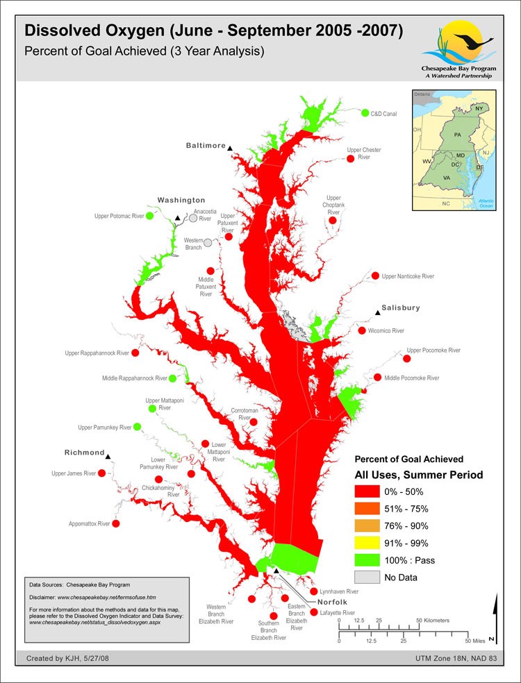 Dissolved Oxygen, Percent Goal Achieved for 2007, 3 YR Analysis
