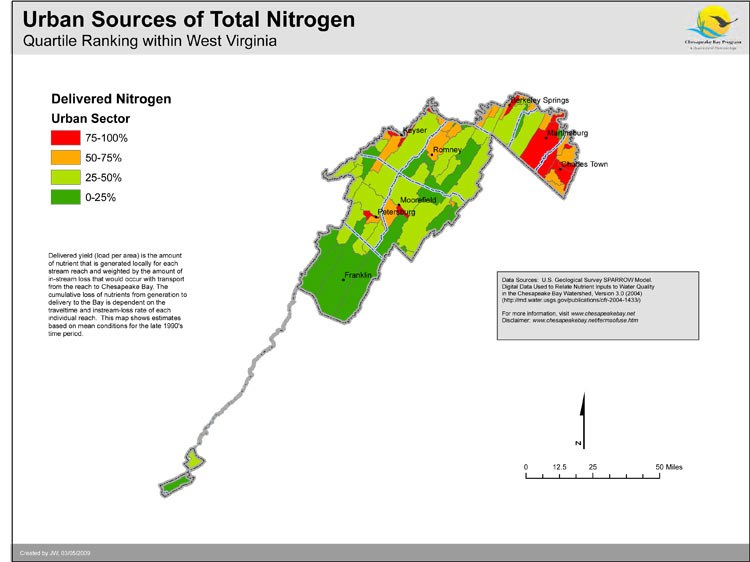 Urban Sources of Total Nitrogen - Quartile Ranking within West Virginia