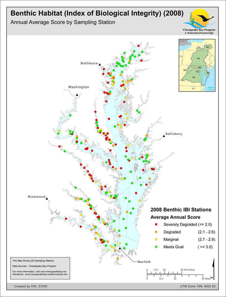 Benthic Habitat (Index of Biological Integrity) (2008) Annual Average Score by Sampling Station
