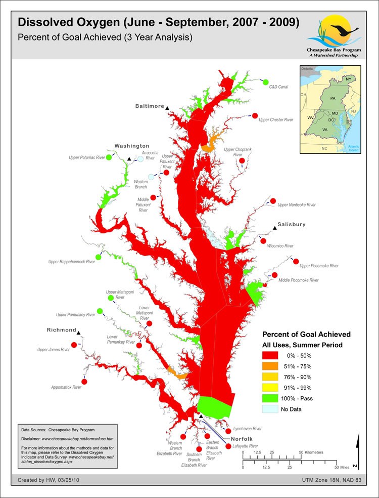 Dissolved Oxygen, Percent Goal Achieved for 2009, 3 YR Analysis