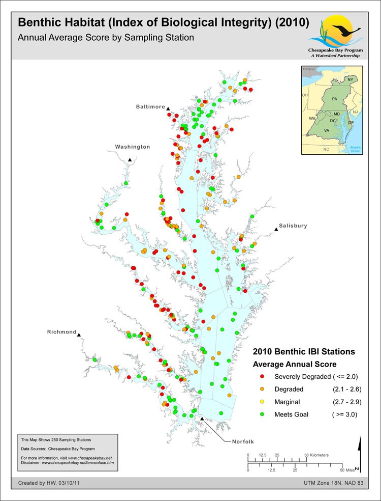 Benthic Habitat (Index of Biological Integrity) (2010) Annual Average Score by Sampling Station