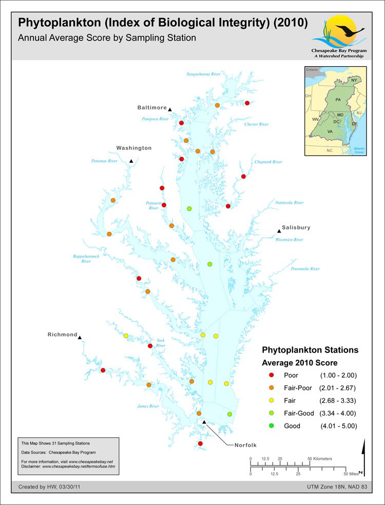 Phytoplankton (Index of Biological Integrity) (2010) Annual Average Score by Sampling Station