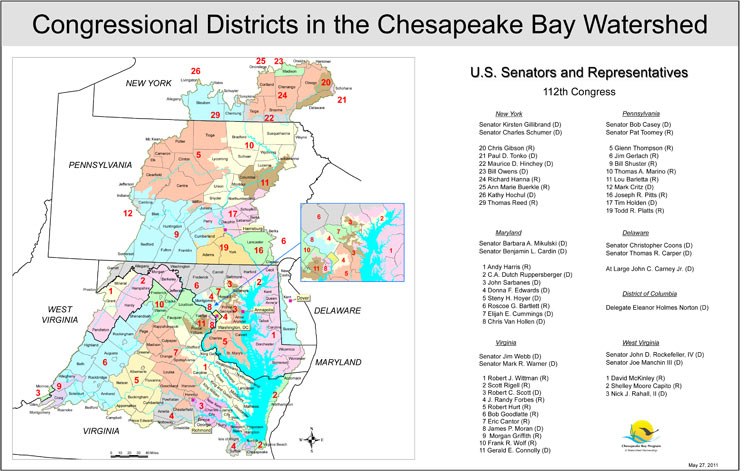 <strong>Congressional Districts in the Chesapeake Bay Watershed</strong><br />This map shows the complete or partial Congressional Districts that make up the area of the Chesapeake Bay basin.  The current senators and congressional members of the 112th Congress who have districts within the borders of the basin are listed by state.