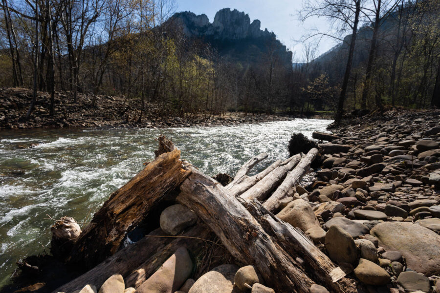 A river flowing with Seneca Rocks formation seen in the background.