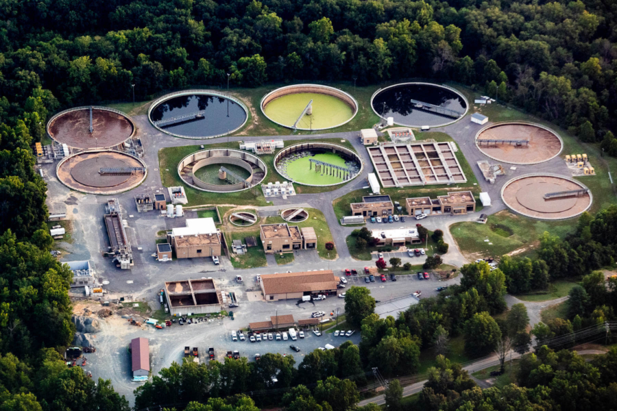 An aerial view of a wastewater treatment plant.