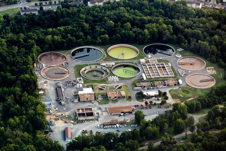 An aerial view of a wastewater treatment plant.