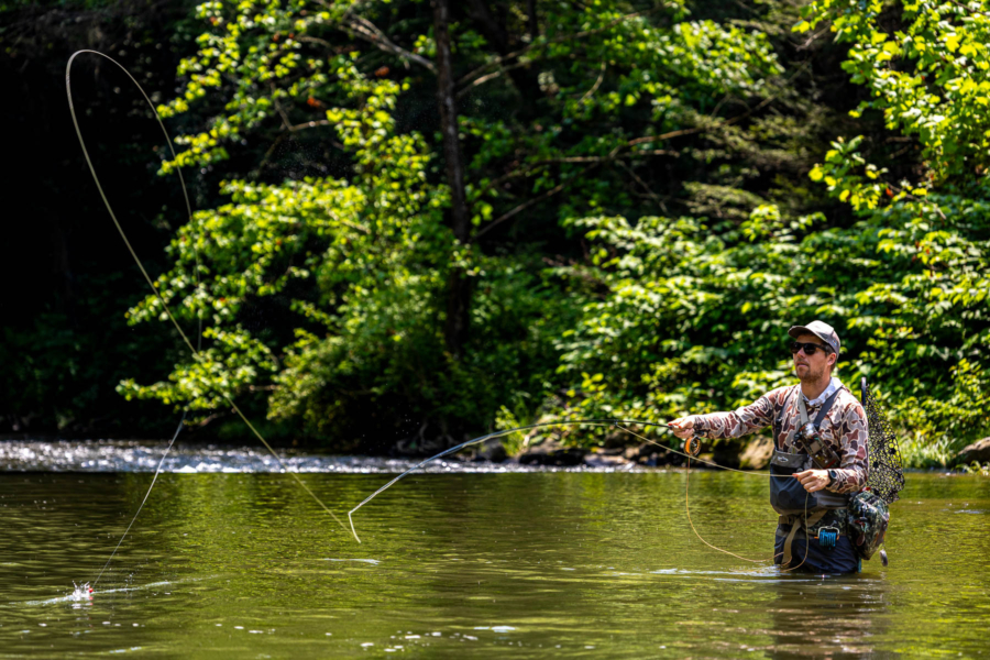 A fly fisher's line curves gracefully above a calm creek, surrounded by green trees.