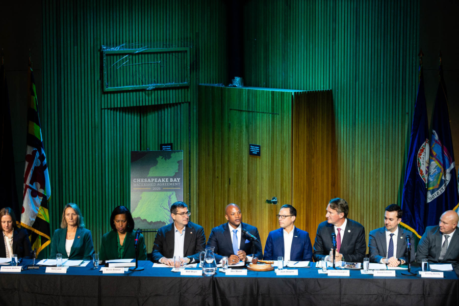 A group of people wearing professional business clothes sit at a long table on a stage with flags in the background.