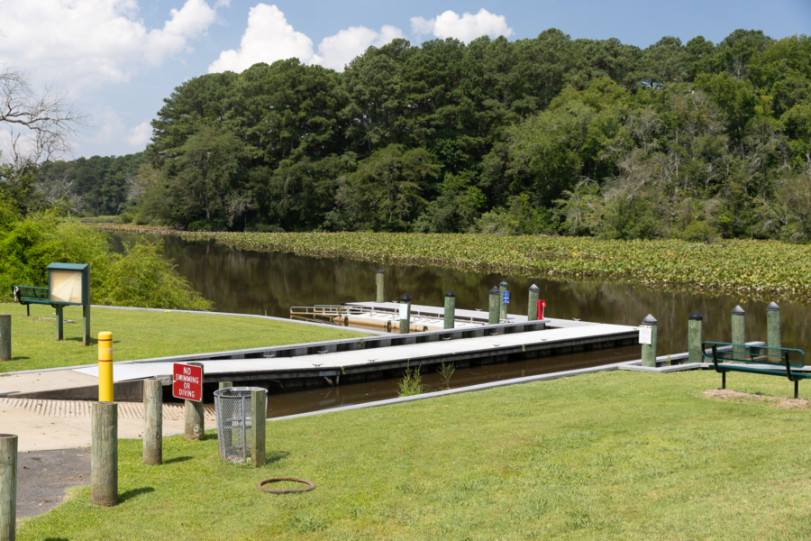 A boat ramp at the edge of the water.
