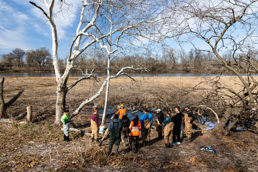 About a dozen people gather under trees at the edge of a river's wide marsh.