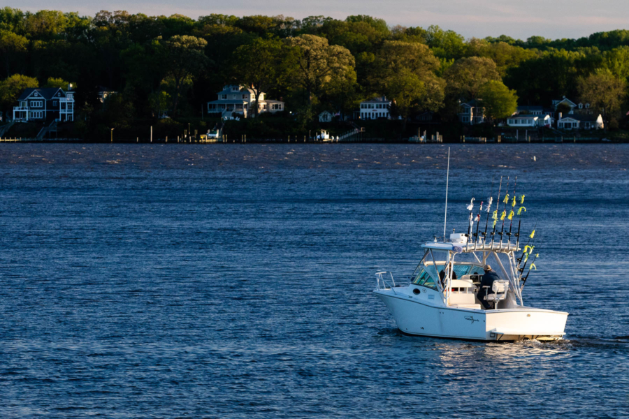 A boat glides down the river.