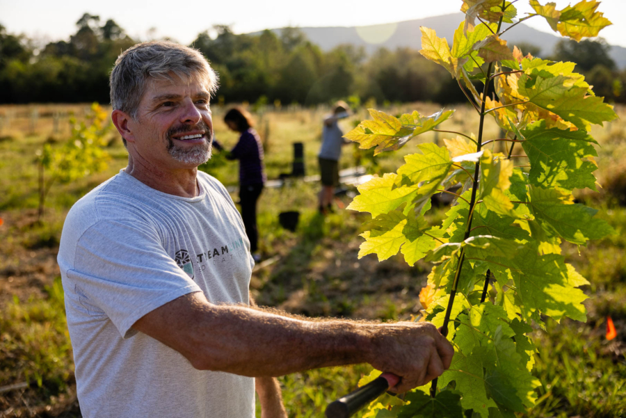 John stands in a field near a recently planted tree.