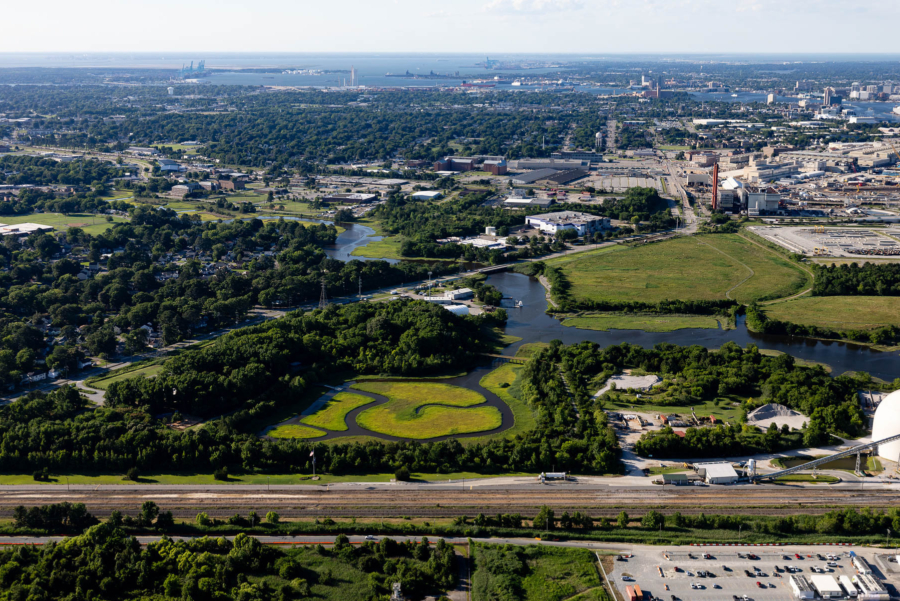 Aerial view of Paradise Creek Nature Park with the surrounding industrial area.