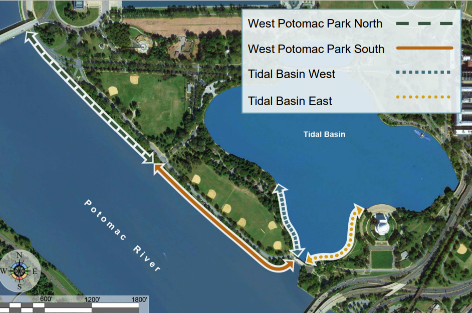 map of tidal basin with seawall sections planned to be repaired highlighted
