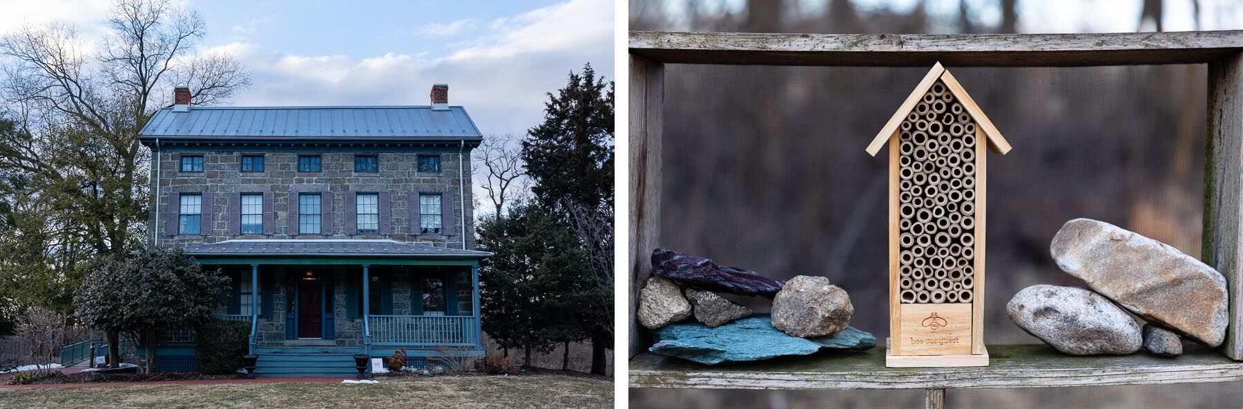 To the left, a stone home sits on the property. To the right, a small bee house.