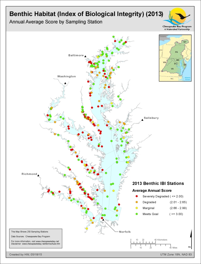 Benthic Habitat (Index of Biological Integrity) (2013) Annual Average Score by Sampling Station